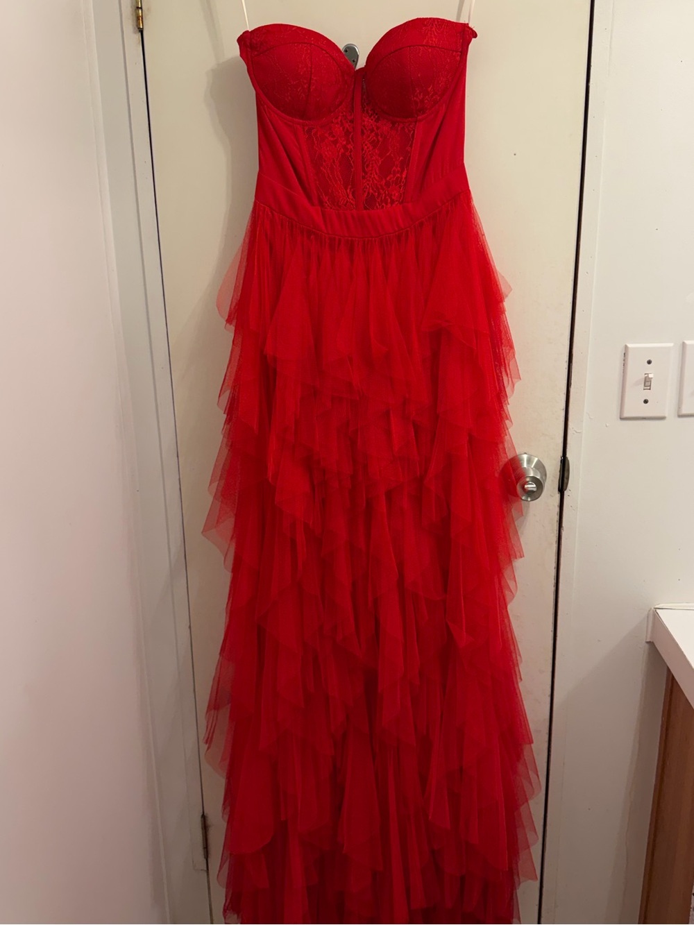 Strapless Red Ruffled Tulle Maxi Dress